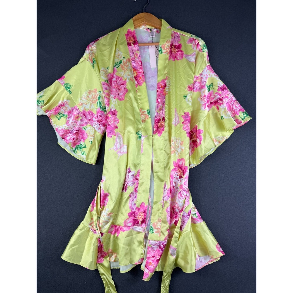 NWT Victoria's Secret Womens Citron Satin Flounce Robes Floral Tie Waist XS/S
